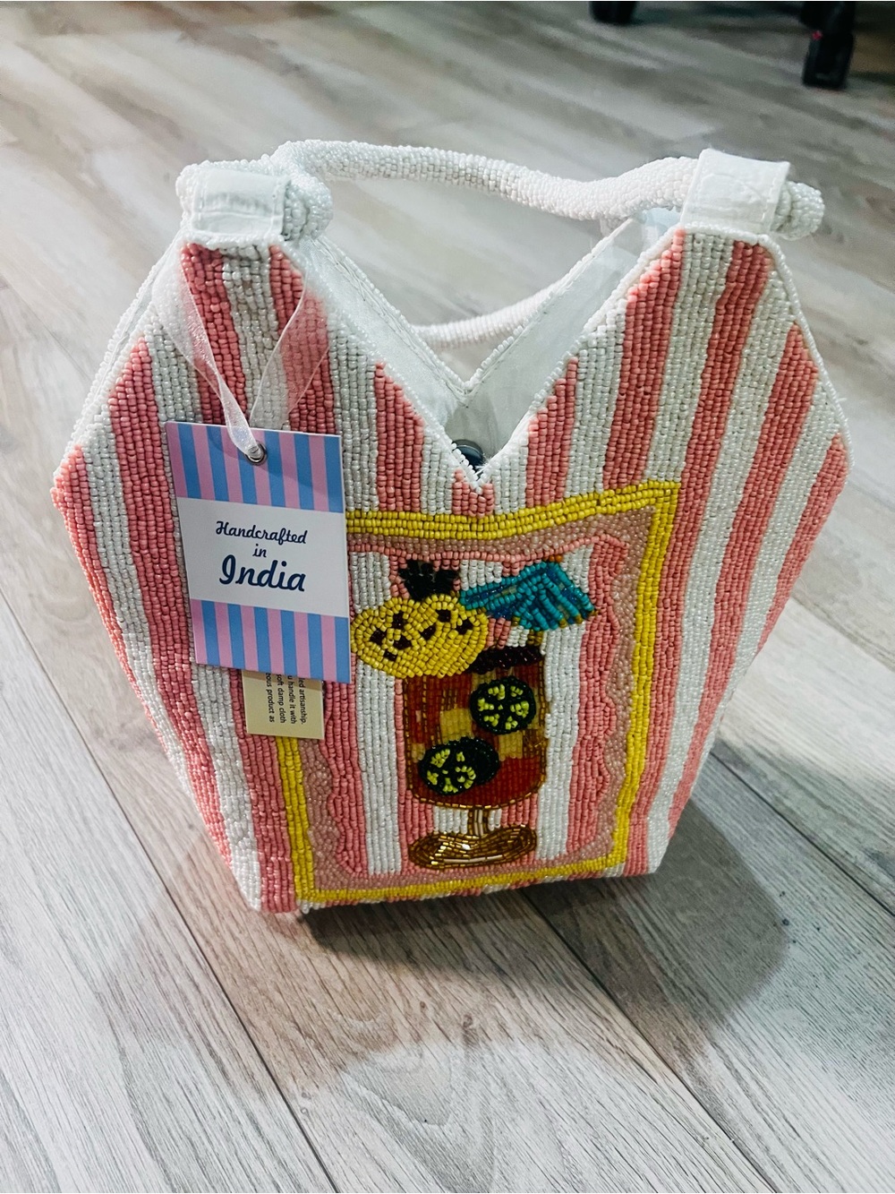 Beaded Pink & White Striped Tote Bag - Handcrafted in India - TikTok Viral